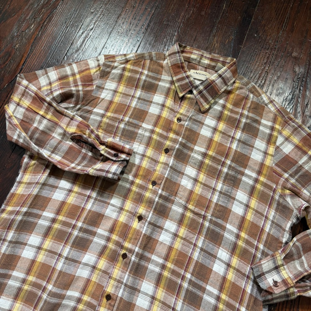 Vintage Arrow Flannel Shirt Mens XL Brown Yellow Plaid Long Sleeve Cotton